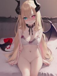 1girls ai_generated bare_arms bare_shoulders bed_sheet blonde_hair blood blue_eyes blush bottomless bow bow_bra bra closed_mouth collar collarbone crying crying_with_eyes_open demon_girl demon_horns demon_wings female groin hair_between_eyes heterochromia horns indoors long_hair looking_at_viewer medium_breasts navel on_bed panties_removed punishment red_eyes sitting sitting_on_bed solo stable_diffusion stomach tail tearing_up tears thighs torn_wings torture underwear white_bra wings