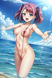 ai_generated beach bikini blue_eyes blush breasts nipples open_mouth pink_hair sephiaton955 sling_bikini slutty_outfit standing yu-gi-oh! yu-gi-oh!_arc-v zuzu_boyle