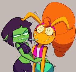 after_kiss alfred0sauce alien alien_girl excited female female_only green_skin hands_up_(joel_g) joel_g margo_(joel_g) orange_hair orange_skin purple_hair smile tagme ula_(joel_g) yuri