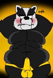 1boy badger badger_humanoid belly blake_(popgoes) blushing buldge deviantart deviantart_link embarrassed fangs fat fat_rolls fazbear_fanverse furry furry_only hands_behind_head looking_away male_only monsterratfnac3 overweight penis popgoes solo solo_focus solo_male speedo tagme underwear