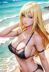 1girls adapted_costume ai_generated alternate_hair_length alternate_hairstyle arm_behind_head beach big_breasts bikini bikini_bottom bikini_top blonde_hair blue_eyes blunt_bangs blush breast_focus breasts cleavage female female_only fishnets hime_cut huge_breasts isaris-ai large_breasts long_hair mature mature_female midriff nai_diffusion naruto naruto_(series) naruto_shippuden ocean oppai outdoors parted_lips pinup pose posing revealing_swimsuit samui seaside seducing seductive seductive_eyes seductive_look seductive_mouth seductive_pose seductive_smile shore skimpy skimpy_bikini solo solo_focus stable_diffusion swimsuit very_long_hair voluptuous voluptuous_female water