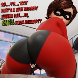 1girls 2girls 3d ass big_ass dialogue disney domino_mask elastigirl female femdom femsub gassy giantess gwen_stacy gwen_stacy_(spider-verse) helen_parr macro marvel mature_female milf mother pixar saxanas size_difference spider-gwen spider-man:_into_the_spider-verse spider-man_(series) text the_incredibles