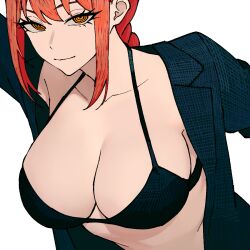 1girls big_breasts black_bra bra braided_hair braided_ponytail breasts chainsaw_man closed_mouth collarbone female fringe ginger hair_between_eyes jacket large_breasts light-skinned_female long_hair looking_at_viewer makima_(chainsaw_man) mappa no_shirt open_clothes open_jacket orange_hair petite ponytail red_hair ringed_eyes school_uniform schoolgirl seductive_eyes seductive_look seductive_smile sidelocks simple_background smile solo underwear unusual_pupils upper_body white_background yellow_eyes zeon_(zzeeonn)