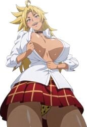 1girls areola_slip blonde_hair blue_eyes blush buckle_choker choker edge_(studio) energy_kyouka!! female female_only full_cleavage gyaru human human_only long_hair looking_at_viewer messy_hair only_female open_clothes open_mouth open_shirt panties polka_dot_panties school_uniform screencap screenshot shiraishi_kyouka skirt smile solo spiky_hair stitched tamatsuyada tan tan_skin tanned tanned_skin topwear transparent_background unbuttoned yellow_hair