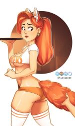 1boy aged_up animal_ears animal_tail asian asian_female big_breasts disney female female_focus fuax_goode hooters hooters_uniform jin_lee light-skinned_female light_skin milf ming_lee mother no_bra pixar red_hair red_panda_ears red_panda_tail tail turning_red underboob waiter_tray waitress white_background