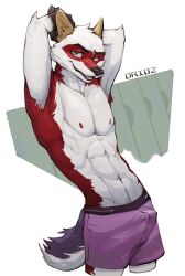 abs anthro athletic athletic_male bulge canid canine clothed clothing erection erection_under_clothing fox hands_behind_head hi_res male mammal orioz solo topless