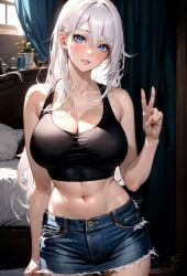 ai_generated bed black_topwear blue_eyes creationslevi denim fingers silver_hair skirt solo_female