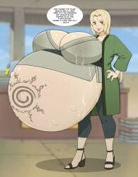 1girls belly big_belly big_breasts blonde_hair breasts dialogue female fetal_movement huge_belly huge_breasts hyper_pregnancy lactation lactation_through_clothes massive_breasts naruto pregnant text tsunade zeruxu