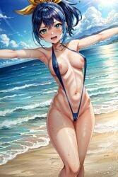 ai_generated beach bikini blue_hair blush breasts celina green_eyes nipples open_mouth sephiaton955 serena_(yu-gi-oh!_arc-v) sling_bikini yu-gi-oh! yu-gi-oh!_arc-v