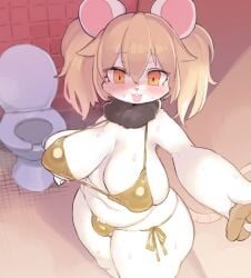 1boy anthro bathroom_stall blush chubby_female esokir female golden_bikini imminent_sex interspecies large_breasts looking_at_viewer mouse_ears mouse_girl mouse_tail pov rikose shortstack sweat