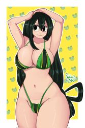 armpits arms_behind_head arms_up big_breasts big_breasts bikini boku_no_hero_academia breasts breasts frog_girl green_hair large_breasts long_hair my_hero_academia sakkaku_gavrii shiny_skin tsuyu_asui