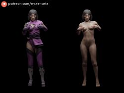 1girls 3d animated covered_nipples covering covering_breasts dressed_undressed female female_only mileena mortal_kombat mortal_kombat_11 nude nude_female nyxenartz solo standing variant_set