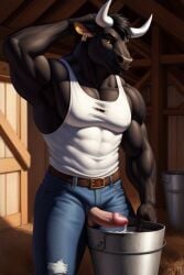 1boy ai_generated anthro barn bull cum dick ear_tag erect_penis frosting.ai furry jeans male male_only milking_cum muscular_male sock sole_male solo_male white_tank_top