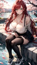 ai_generated bra creationslevi green_eyes large_breasts red_hair skirt solo_female thighhighs