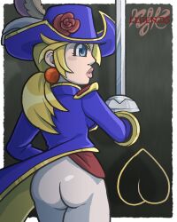 1girls ass ass_focus big_ass big_lips blonde_hair blue_eyes earrings female female_only fence hat legendsnjk mario_(series) nintendo ponytail princess_peach princess_peach:_showtime! swordfighter_peach tight_clothing tight_pants