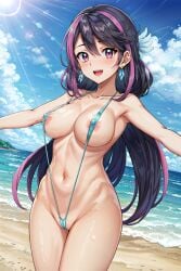 ai_generated beach bikini black_hair blush breasts kurosaki_ruri long_hair lulu_obsidian nipples open_mouth purple_eyes sephiaton955 sling_bikini slutty_outfit yu-gi-oh! yu-gi-oh!_arc-v