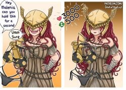 1girls 2d 2d_(artwork) big_breasts bikini busty cleavage elden_ring female_focus female_only fromsoftware golden_helmet idiotoftheeast malenia_blade_of_miquella red_hair social_media surprised winged_helmet