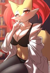 anthro blush bra braixen eyelashes female female_only fur generation_6_pokemon katarine multicolored_body multicolored_fur navel nintendo orange_eyes panties pokemon pokemon_(species) red_body red_eyes red_fur sk3tchk4t solo underwear white_body white_fur yellow_body yellow_fur