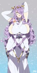 1girls absurdres alternate_costume arms_behind_head blue_background breasts camilla_(adrift)_(fire_emblem) camilla_(fire_emblem) curvy dress elbow_gloves female fire_emblem fire_emblem_fates fire_emblem_heroes gloves grey_background hair_over_one_eye highres hips horns hourglass_figure huge_breasts light-skinned_female light_skin lipstick long_hair looking_at_viewer makeup nintendo official_alternate_costume pink_lips pink_lipstick plump purple_eyes purple_hair r3dfive sideboob smile solo sparkle thick_thighs thighs very_long_hair voluptuous wide_hips