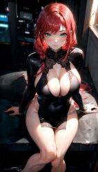 ai_generated bed black_lace creationslevi girl green_eyes no_panties red_hair