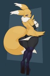 animal_ears anthro ass bandai_namco black_body black_fur blue_eyes braixen canid canine claws clothing covering crossover digimon digimon_(species) ear_tuft eyebrows female fox_ears fox_tail fur generation_6_pokemon high_heels hybrid juzztie looking_back mammal multicolored_body multicolored_fur nintendo panties pokemon pokemon_(species) renamon solo tail thick_thighs tuft underwear wide_hips yellow_body yellow_fur