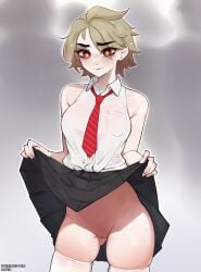 1girls blonde_hair blushing embarrassed exhibitionism exposed_pussy female female_only flashing flashing_pussy fortnite gradient_background grey_background hairless_pussy human joni_(fortnite) legwear lilatole looking_at_viewer mole no_panties office_lady people_in_background public pussy red_eyes red_tie school_uniform schoolgirl see-through shirt short_hair short_hair_female shy skirt skirt_lift skirt_up solo standing stockings sweat sweating thighhighs tie upskirt white_stockings