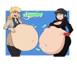 2girls ambiguous_prey belly belly_button black_hair blonde_hair blue_eyes breasts burp burping clara_van_damm commission digestion emilia_von_schleuse fat female female_pred green_eyes huge_belly implied_vore mr_rattleb0nes multiple_preds navel oral_vore some_bullshit stomach_bulge unwilling unwilling_prey unwilling_vore vore weight_gain