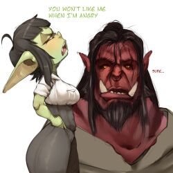 angry angry_face argosornstein black_hair female goblin goblin_female intimidation male orc orc_male red_orc short_hair shortstack size_difference suggestive