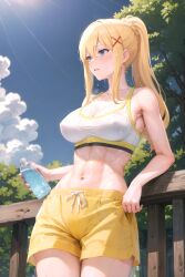 abs ai_generated ap2-ai-artist big_breasts blonde_hair blue_eyes braid darkness_(konosuba) female from_below gym_uniform hi_res high_resolution kono_subarashii_sekai_ni_shukufuku_wo! large_breasts muscle_girl muscular muscular_female nipple_outline nipples_visible_through_clothing ponytail sports_bra sweat sweatdrop sweating