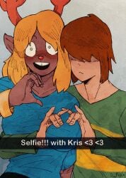 1boy 1girls :< anthro antlers bangs bangs_over_eyes blonde_hair blue_shirt blush breast_grab breast_squeeze breasts brown_fur brown_hair buckteeth caption closed_mouth clothed clothed_female clothed_male clothes clothing collarbone constricted_pupils covered_eyes cupping_breasts d_robin dark_fur deltarune dubious_consent eyebrows eyelashes female freckles furry grope hair_over_eyes heart heart-shaped_boob_challenge heart_hands human human_on_anthro humanoid kris_(deltarune) light-skinned_male long_sleeves male male/female mammal noelle_holiday open_mouth parted_bangs pose posing posing_for_picture red_nose reindeer reindeer_antlers selfie sexual_harassment sexually_suggestive shaded_face shocked shocked_expression signature simple_background snapchat source squeezing_breast suggestive surprised teeth touching wide_eyed