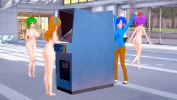 3d 3d_(artwork) 4girls arcade arcade_machine ass barefoot blue_hair blue_jacket breasts casual casual_nudity clothed_female_nude_female clothing completely_nude completely_nude_female electronics female female_only green_hair hair_over_one_eye human human_meggy jacket khaki_pants long_hair lost_bet mall medium_hair meggy_spletzer melony_(smg4) multiple_girls navel nipples nonsexual_nudity nude nude_female nudist orange_hair pale_skin pants pink_hair public pussy retropunch saiko_bichitaru_(smg4) senftember senftember_(2023) shoes short_hair smg4 streaking tari_(smg4)