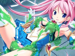 ass breasts clothes_lift female kneehighs kodama_izayoi leg_up lying magical_girl non-web_source on_back panties pussy skirt skirt_lift slime_(substance) socks stellula_eques torn_clothes twintails underwear