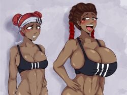 2girls apex_legends big_breasts blaxter breasts brown_body brown_eyes brown_hair female_only huge_breasts lifeline_(apex_legends) loba loba_(apex_legends) medium_support_(meme) multiple_girls partially_clothed red_hair