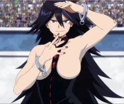 1girls adult anime blue_eyes dark_purple_hair female female_only hero hero_outfit_(mha) heroine midnight_(my_hero_academia) my_hero_academia naked_female smiling solo solo_female