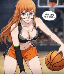 1girls aged_up alternate_breast_size atlus basketball booty_shorts breasts dialogue english_text female glasses large_breasts lepypepy light-skinned_female long_hair orange_hair persona persona_5 sakura_futaba short_shorts shorts sports_bra sportswear sweat sweatdrop tank_top