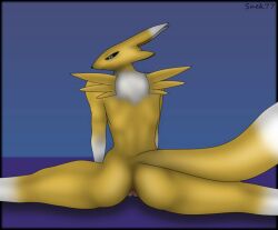 anthro anus ass bandai_namco big_butt canid canine digimon digimon_(species) female flexible fox fur genitals looking_at_viewer looking_back mammal markings muscular muscular_butt nude on_ground pussy renamon shadow simple_background slight_smile snek77 solo splits spread_butt spread_legs spreading stretching tail thick_thighs yellow_body