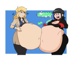 2girls ambiguous_prey belly belly-to-belly belly_button black_hair blonde_hair blue_eyes breasts bumping_bellies burp burping clara_van_damm commission digestion emilia_von_schleuse fat female female_pred green_eyes huge_belly implied_vore mr_rattleb0nes multiple_preds navel oral_vore some_bullshit stomach_bulge unwilling unwilling_prey unwilling_vore vore weight_gain