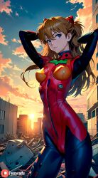 1girls ai_generated asuka_langley_sohryu bodysuit cameltoe female female_only hands_behind_head looking_at_viewer neon_genesis_evangelion red_hair solo sunrise tagme yeswaifu