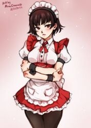 1girls apron arms_crossed breasts brown_hair maid maid_apron maid_headdress maid_uniform makoto_niijima medium_breasts minacream pantyhose persona persona_5 red_eyes short_hair wrist_cuffs