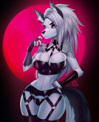 animal_ears anthro black_nose breasts canid canid_demon canine canis claws cleavage clothing demon ear_piercing eyebrows eyelashes female full_moon fur gaiawolfess goth grey_body grey_fur grey_hair hellhound helluva_boss inner_ear_fluff long_hair loona_(helluva_boss) mammal moon navel panties piercing red_sclera tail underwear white_body white_eyes white_fur wolf wolf_ears wolf_tail