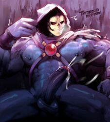 1boy 2019 5_fingers bara blue_body cape cum cumshot erect_nipples erect_penis hood looking_at_penis male_only masters_of_the_universe muscles muscular_male one_eye_closed patreon pecs purple_clothing purple_skin red_eye sitting_on_throne skeletor skull skull_head solo solo_male spread_legs sweating tagme tamazukiakiyama throne veiny_muscles veiny_penis