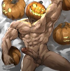 1boy 2019 bara erect_penis hairless_armpits hairless_penis halloween holding_object humanoid looking_at_viewer male_only muscles muscular_male on_ground patreon penis pumpkin pumpkin_head scars scars_all_over simple_background solo_male spread_arms spread_legs tagme tamazukiakiyama veiny_penis yellow_eyes