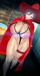 3d areolae big_nipples cape functionally_nude gyakuten_majo_saiban:_chijo_na_majo_ni_sabakarechau huge_breasts huge_nipples kaoru_enma legs looking_at_viewer nipples purple_eyes red_clothing solo thick_thighs wide_hips wily27 wizard_hat