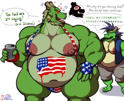 4th_of_july alcohol anthro beer beverage beverage_can bobthetanuki brainwashing bulge chinese_text dragon duo duo_focus eastern_dragon english_text father_(lore) flag_speedo green_body green_scales group horn intelligence_loss male miscommunication moobs morenatsu parent_(lore) scales son_(lore) stars_and_stripes stereotype tappei_(morenatsu) tatsuki_(morenatsu) text united_states_of_america