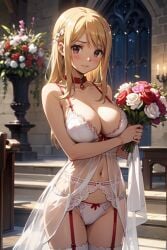 ai_generated blonde_hair blush breasts bride brown_eyes fairy_tail holding_flowers lucy_heartfilia moonbunny panties smile underwear wedding_dress