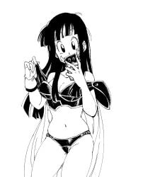 1girls armor artist_name bare_arms bikini_armor black_eyes black_hair blunt_bangs blunt_ends breasts cape cellphone chichi cleavage collarbone covered_mouth cowboy_shot dragon_ball dragon_ball_(classic) dragon_ball_z eyelashes fenyon fingernails gloves groin groin_tendon gyuu_mao hands_up head_tilt highres holding holding_phone horns lifted_by_self long_hair looking_at_viewer medium_breasts messy_hair monochrome narrow_waist navel phone selfie shoulder_armor simple_background single_glove smartphone smartphone_case solo stomach straight_hair strap_lift taking_picture tareme thighs white_background wide-eyed