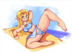 a_link_to_the_past bikini hylian hylian_ears legs_up posing_for_the_viewer princess_zelda smiling snacks_(artist) tagme the_legend_of_zelda zelda_(a_link_between_worlds) zelda_(a_link_to_the_past)