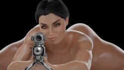 3d ashley_williams ass athletic athletic_female brown_eyes gun gunpoint looking_at_viewer mass_effect nude_female prone short_hair sniper_rifle solo solo_female thick_thighs thighs trajan