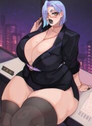 1girls black_lipstick blue_hair breasts cleavage curvy female female_only large_breasts lips lipstick looking_at_viewer mole mole_on_breast mole_under_mouth office_clothing office_lady original original_character osoretic setsuna_(osoretics) short_hair sitting skirt solo thick_thighs thighhighs thighs voluptuous wide_hips