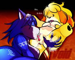 2023 animal_crossing anthro anthro_on_anthro anus blue_body blue_fur blue_hair breasts canid canine canis closed_eyes crack_ship crossover cunnilingus domestic_dog duo female female/female fox fur genitals hair hi_res isabelle_(animal_crossing) krystal licking mammal moan nintendo nude oral pussy sex shih_tzu spread_legs spreading star_fox text tongue tongue_out toy_dog vaginal_penetration voidsdroids yellow_body yellow_fur